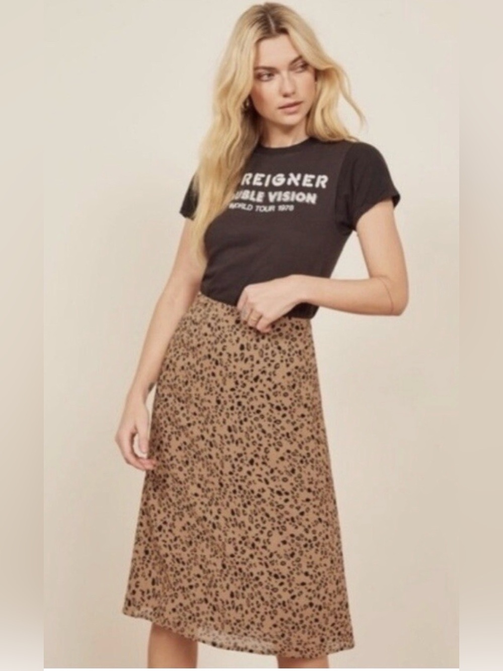 Reformation Mia Tan & Black Leopard A-Line Midi Skirt
